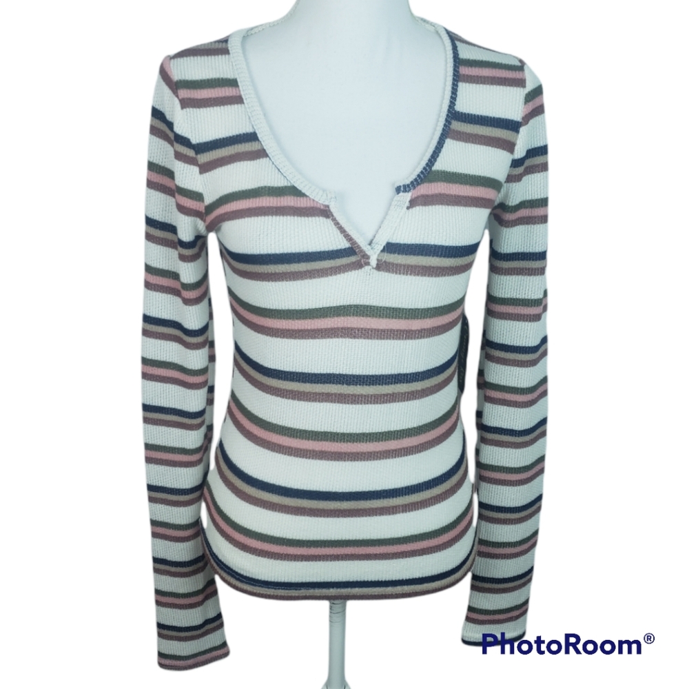 🎄Orange Kiss Ribbed Stripe V Neck Fitted Stretch Top Y2K Long Sleeve M